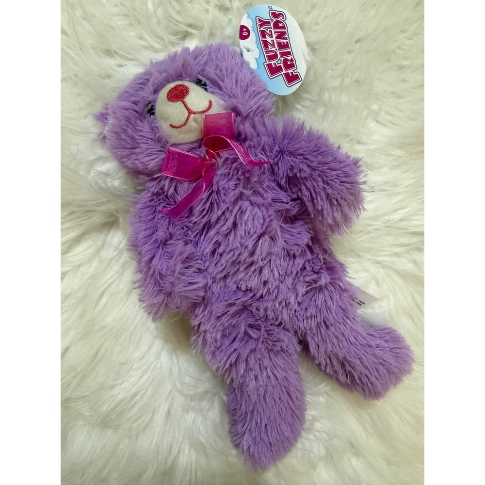 Fuzzy Friends Purple Teddy Bear Plush Shaggy Fur Pink Ribbon Bow 366153 New